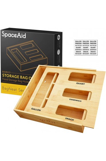 SpaceAid Bag Storage Organizer for Kitchen Drawer Bamboo Organizer Compatible with Gallon Quart Sandwich and Snack Variety Size Bag 1 Box 4 Slots