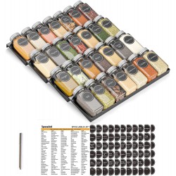 SpaceAid Spice Drawer Organizer with 28 Spice Jars 386 Spice Labels and Chalk Marker 4 Tier Seasoning Rack Tray Insert for Kitchen Drawers 12.8" Wide x 17.5" Deep
