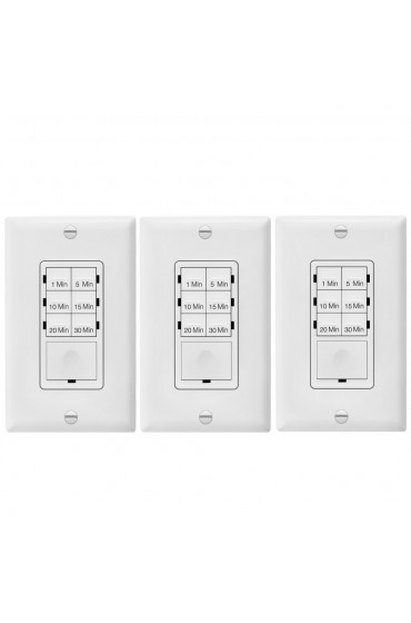 Timers & Light Controls| Enerlites Countdown Timer Switch for bathroom fans and household lights, 1-5-10-15-20-30 Min Settings with Manual Override, Always On Blue LED, Neutral Wire Required, UL Listed, HET06A-WWP3P, White, 3 Pack - YR64991