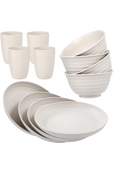 12pcs Wheat Straw Dinnerware Sets Unbreakable Microwave Safe Lightweight Bowls Cups Plates Set-Reusable Dishwasher Safe