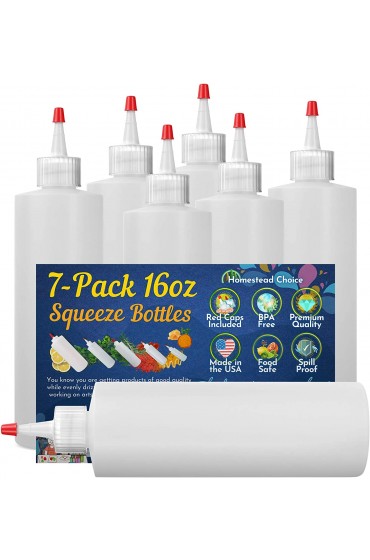 7-pack Plastic Condiment Squeeze Bottles 16 Ounce with Red Tip Cap Made in USA Perfect for Ketchup BBQ Sauces Syrup Condiments Dressings Arts and Crafts