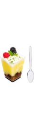DLux 50 x 5 oz Mini Dessert Cups with Spoons Square Large Clear Plastic Parfait Appetizer Cup Small Reusable Serving Bowl for Tasting Party Desserts Appetizers With Recipe Ebook