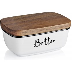 Farmhouse Butter Dish ALELION Large Ceramic Butter Dish with Lid for Countertop Vintage Butter Keeper with Wooden Lid for Home Kitchen Decor Butter Container Holds Two Sticks of Butter White