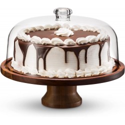 Godinger Cake Stand Footed Cake Plate with Dome Acacia Wood and Shaterproof Acrylic Lid Wood Cake Stand with Dome