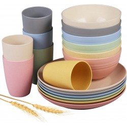 Insetfy Wheat Straw Dinnerware Sets Plates Bowls Cups Sets of 6 Unbreakable Lightweight Plastic Camping Dinnerware for Kids Microwave Dishwasher Safe 18 pcs