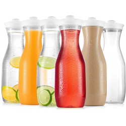 Plastic Carafe Water Pitcher Carafes for Mimosa Bar Clear Juice Containers with Flip Top lids Narrow Neck Easy Grip Wide Mouth Party juice carafe – BPA Free – Not Dishwasher Safe6 Pack 32 Oz