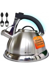 Pykal Whistling Tea Kettle for Stove Top 3 QT Stainless Steel iCool Handle Tea Pot 5 PLY Kettles Pots w 2 Infusers also for Gas or Induction Heater