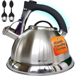 Pykal Whistling Tea Kettle for Stove Top 3 QT Stainless Steel iCool Handle Tea Pot 5 PLY Kettles Pots w  2 Infusers also for Gas or Induction Heater