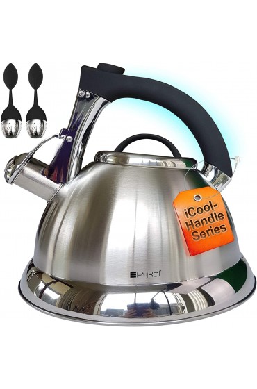 Pykal Whistling Tea Kettle for Stove Top 3 QT Stainless Steel iCool Handle Tea Pot 5 PLY Kettles Pots w 2 Infusers also for Gas or Induction Heater