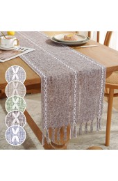GSG Farmhouse Table Runner Boho Style Linen 120 Inch Long Handmade Embroidery Dark Khaki Table Runner with Tassels for Holiday Party Dining Room Kitchen,13x120 Long Dresser Scarf