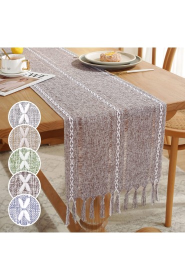GSG Farmhouse Table Runner Boho Style Linen 120 Inch Long Handmade Embroidery Dark Khaki Table Runner with Tassels for Holiday Party Dining Room Kitchen,13x120 Long Dresser Scarf