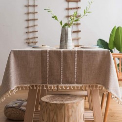 Lipo Waterproof Tablecloth Embroidery Burlap Linen with Tassel Heavy Duty Wrinkle Free Rectangle Table Cloth for 6 Foot Tables Rustic Farmhouse Tablecloths for Outdoor Party Kitchen 55x86 Coffee