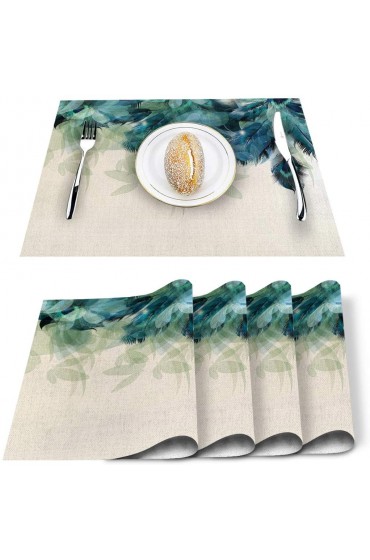 Peacock Feather Placemats Set of 4 for Dining Table Washable Burlap Linen Placemat Non-Slip Heat Tolerant Kitchen Table Mats Easy to Clean Teal Blue Turquoise Floral Green Leaf
