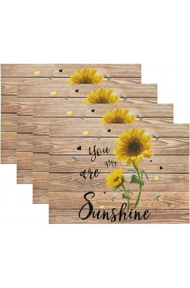 Sunflower Placemats Set of 4 Brown Wood Board Yellow Flowers You are My Sunshine Non Slip Heat Resistant Linen Cloth Place Mats Washable Holiday Dining Table Mat for Farmhouse Home Kitchen Decor